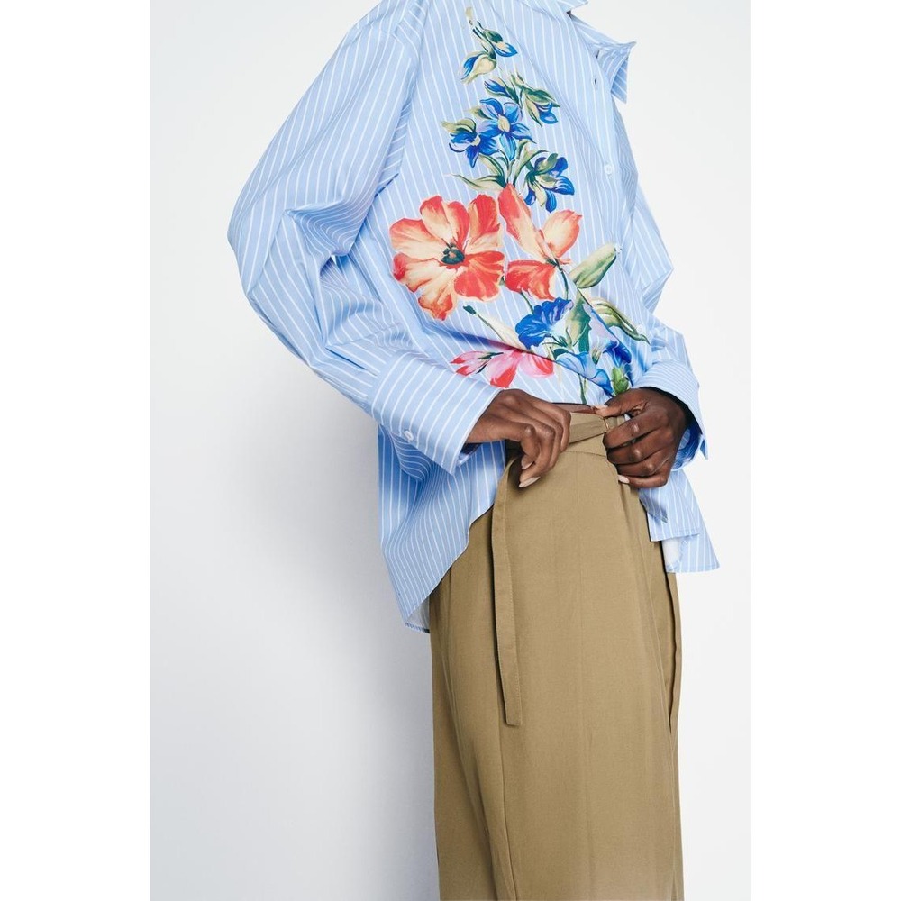 ZARA Striped Floral Print Oversized Button Down Shirt Women Medium Blue Boxy
